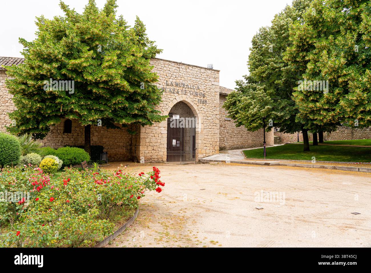 I visitatori ammirano l'affascinante architettura in pietra di Brihuega, circondata da vegetazione lussureggiante e rose vivaci. Questa zona tranquilla mette in mostra la bellezza di SP Foto Stock