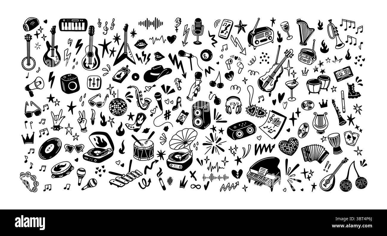 Doodle rock, punk, pop Music festival di musica pop, sfondo funky. Karaoke, addio al nubilato, design vettoriale grafico disco. Emo goth grunge tat Illustrazione Vettoriale