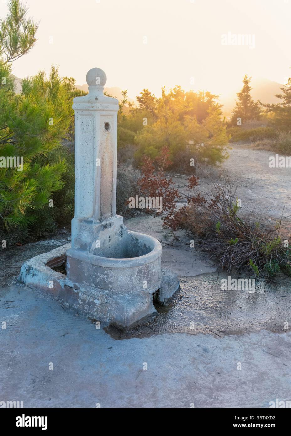 Fontana in pietra circondata da un vivace fogliame durante l'ora d'oro, che crea un'atmosfera serena e pittoresca. Grecia, isola di Rodi, Foto Stock