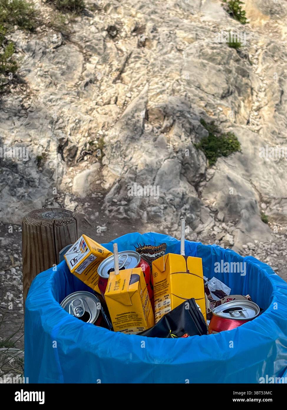 Il contenitore dei rifiuti trabocca di vari articoli scartati, come lattine e cartoni, evidenziando la necessità di una gestione responsabile dei rifiuti e di sus ambientali Foto Stock