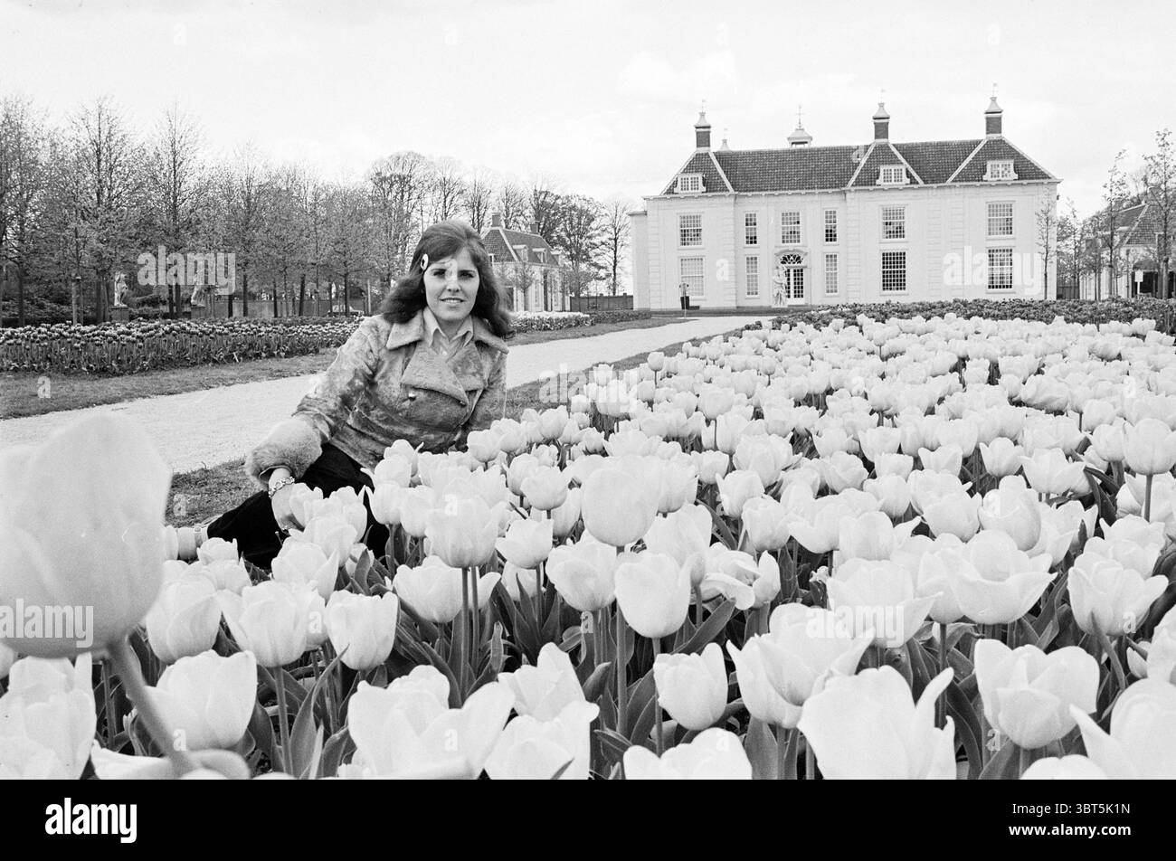 Bulbo splendore nelle lampadine Beeckestijn e nella regione delle lampadine lampadine lampadine campo, Whizgle News, Dutch Desk, Paesi Bassi, 1950 - 2000 il 06-05-1974. L'immagine contiene questi argomenti. In un ampio giardino, vivaci file di tulipani bianchi ricoprono il primo piano, i loro delicati petali che ondeggiano delicatamente in una brezza morbida. I fiori creano una texture lussureggiante e fluida che contrasta con gli elementi strutturati sullo sfondo. Una giovane donna è posizionata tra i tulipani, il suo atteggiamento allegro la posiziona giocosamente mentre si piega leggermente da un lato. Ha capelli lunghi e fluenti adornati da un tornante leggero, e W Foto Stock