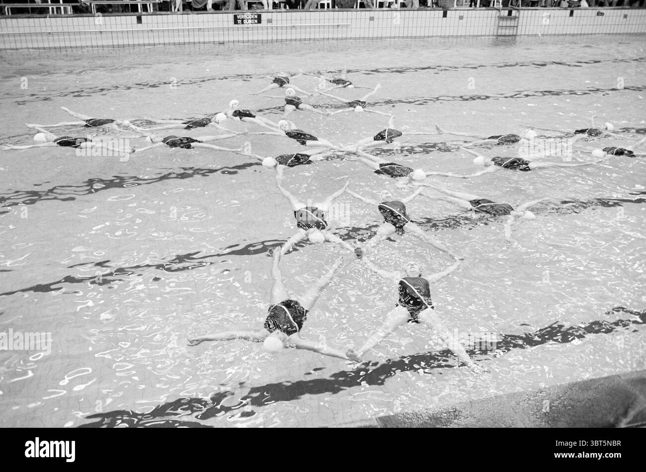 Gara di nuoto sincronizzato Haarlem Frederikspark Paesi Bassi, Whizgle News, Dutch Desk, Paesi Bassi, 1950 - 2000 il 17-12-1984. L'immagine include questi argomenti. In un tranquillo ambiente acquatico, un gruppo di nuotatori sincronizzati si esibisce graziosamente in una grande piscina rettangolare. L'acqua splende sotto le luminose luci dell'alto, creando un effetto scintillante che mette in risalto i movimenti dei nuotatori. Ogni nuotatore è vestito con costumi coordinati, caratterizzati da motivi sorprendenti che contrastano nettamente con il blu limpido dell'acqua. La scena è ricca di simmetria, con i nuotatori disposti in una Foto Stock