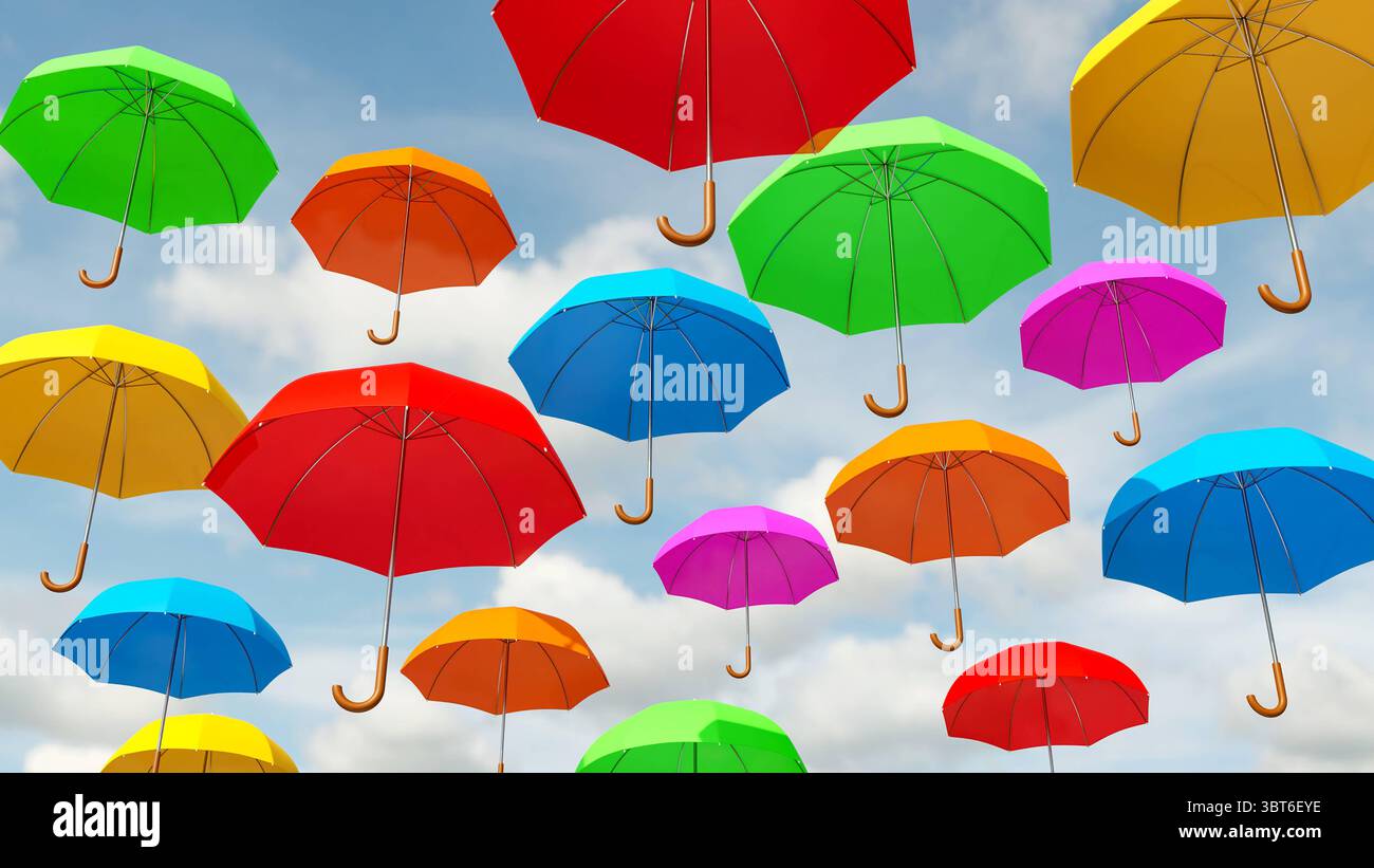 Ombrelli colorati che volano nel cielo. Ombrelli colorati che volano nel cielo. Rosa, giallo, verde, rosso, blu, ombrelli arancioni. Illustrazione 3D img umbrella s01 Flying umbrella Foto Stock
