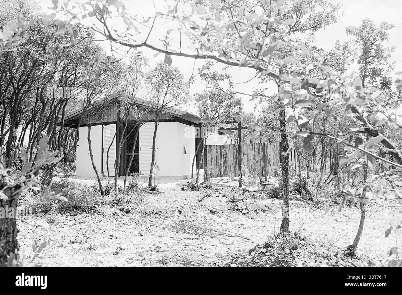 Relazione Mesjaunne Francia - pannelli solari per il calore relazione, Whizgle News, Dutch Desk, Paesi Bassi, 1950 - 2000 il 17-06-1975. Questi sono gli elementi dell'immagine. La scena raffigura un ambiente sereno e naturale dominato da sfumature sfumate di grigio e bianco. Una struttura moderna e rotonda realizzata in materiale liscio e pallido spicca in modo prominente, il suo tetto bordato di paglia o un rivestimento rustico, conferendogli un'atmosfera organica. Le grandi finestre punteggiano la facciata, consentendo scorci della luce dell'interno, che contrasta dolcemente con il verde circostante. Sparse intorno all'edificio ci sono alberi sottili con light-co Foto Stock