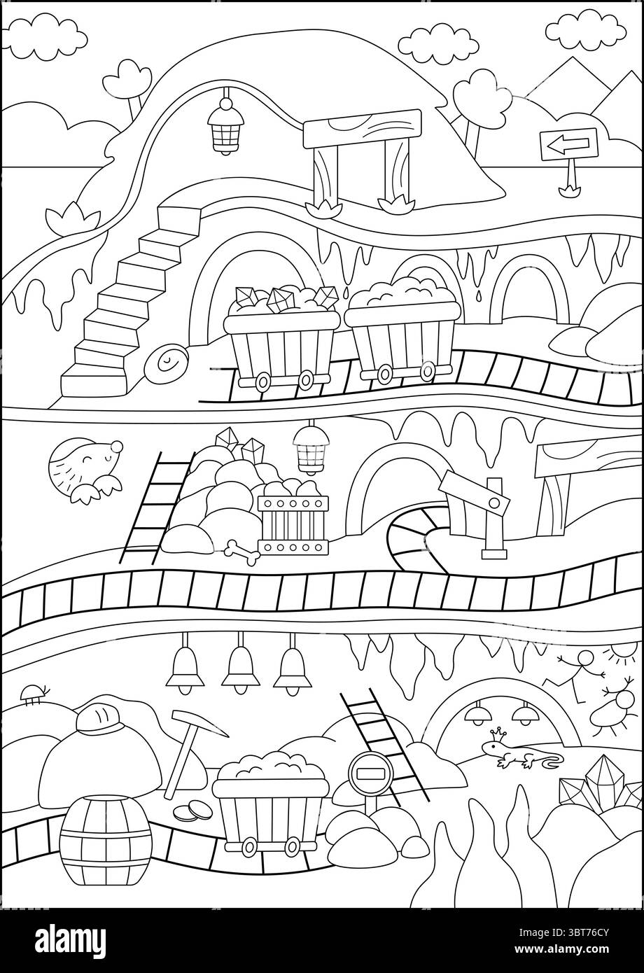 Sfondo nero e bianco vettoriale vuoto della miniera nana sotterranea. Linea gnomo tunnel miniera d'oro in grotta con ferrovie, carro con pietre preziose, lanterna. Montaggio Illustrazione Vettoriale