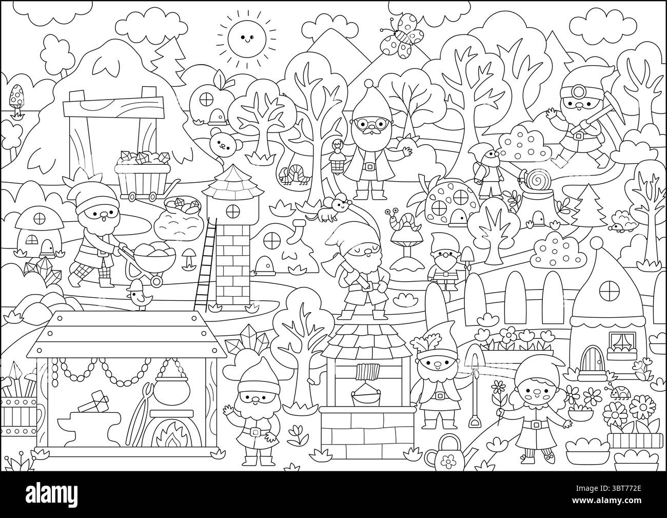 Sfondo nano bianco e nero vettoriale. Il paesaggio di campagna è uno gnomo di linea. Bosco, scena di foresta fantasy, pagina colorata con albero, casa, animale. Fa Illustrazione Vettoriale