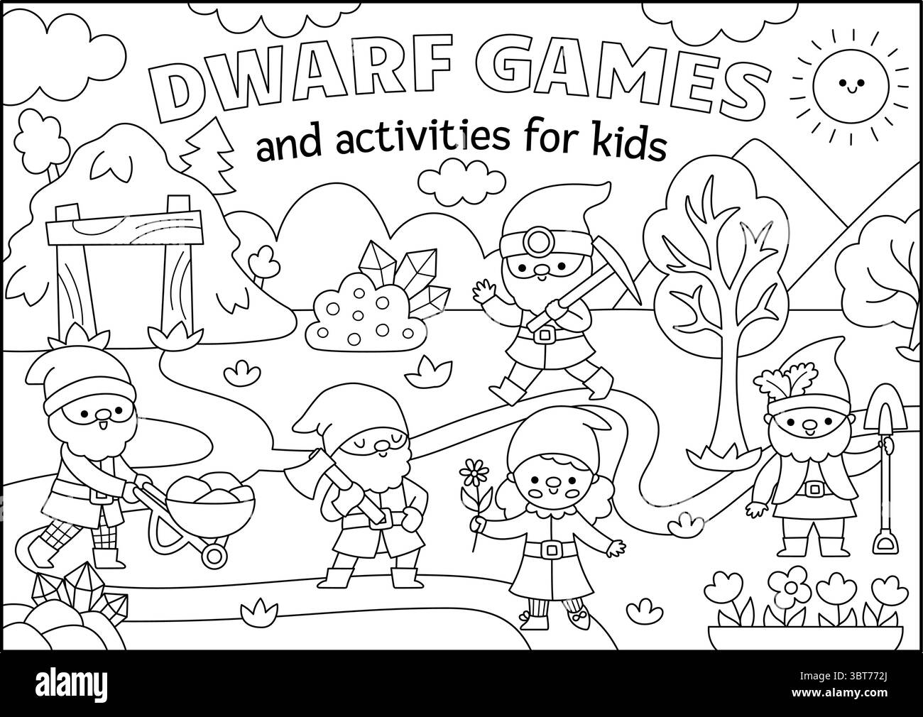 Scenografia orizzontale in bianco e nero vettoriale con nane. Illustrazione orizzontale della linea degli gnomi della foresta. Sfondo carino, copertina del libro per bambini con creatu magico Illustrazione Vettoriale