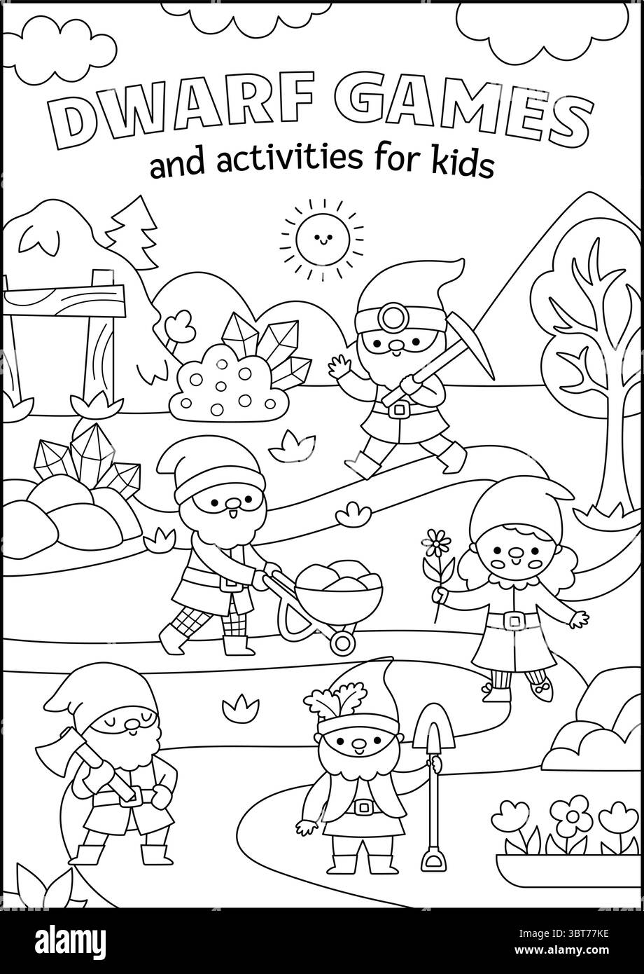 Scenografia verticale in bianco e nero vettoriale con nane. Illustrazione orizzontale della linea degli gnomi della foresta. Sfondo carino, copertina di libri per bambini con creatura magica Illustrazione Vettoriale