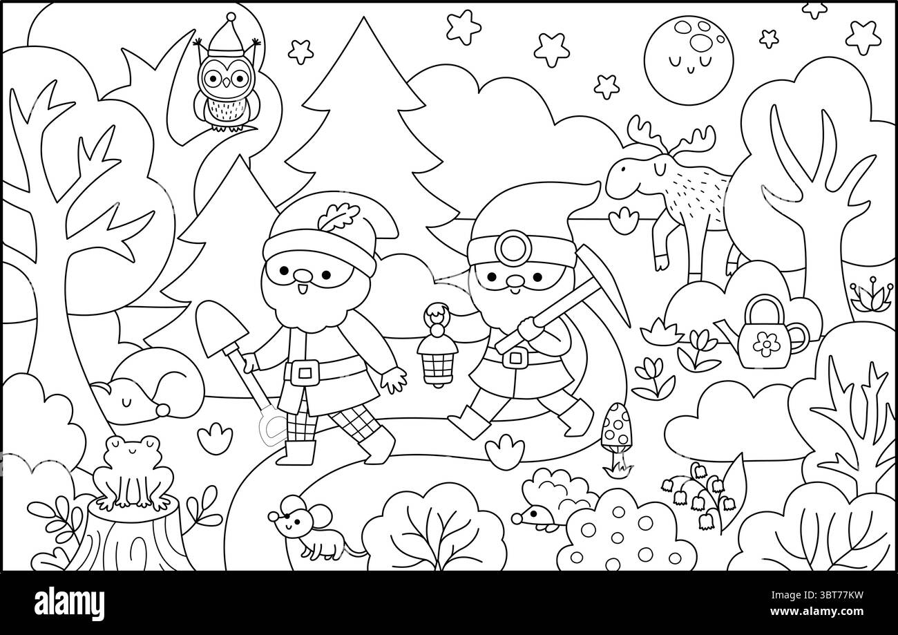 Scena orizzontale in bianco e nero vettoriale con nani che attraversano la foresta notturna con pala e lanterna. Bel paesaggio di campagna gnomi. Bosco, f Illustrazione Vettoriale