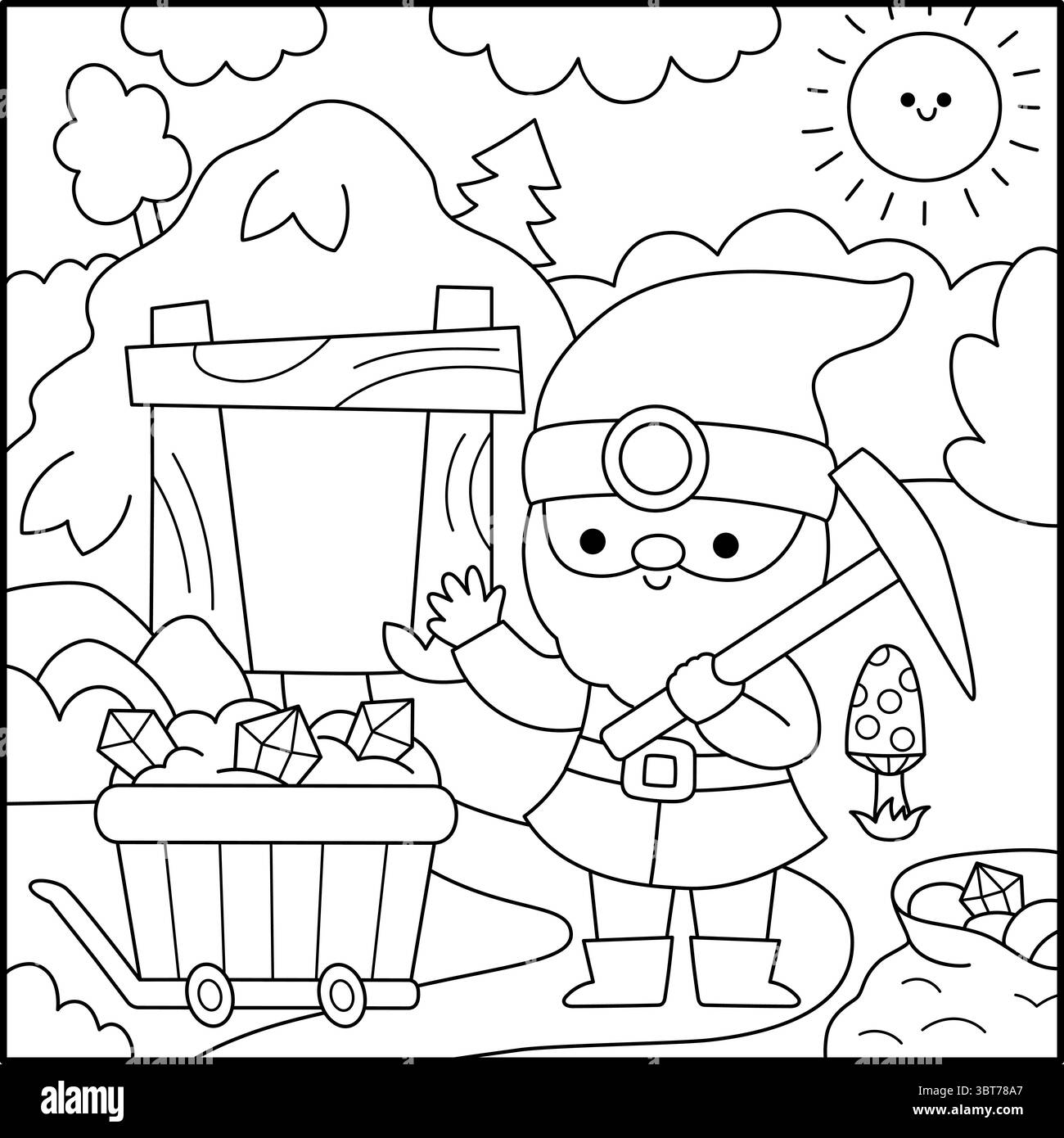 Scena quadrata in bianco e nero vettoriale con nano con piccone, cava della miniera, carro con tesoro. Delinea il paesaggio con il minatore di gnomi. Bosco, fantasia Illustrazione Vettoriale