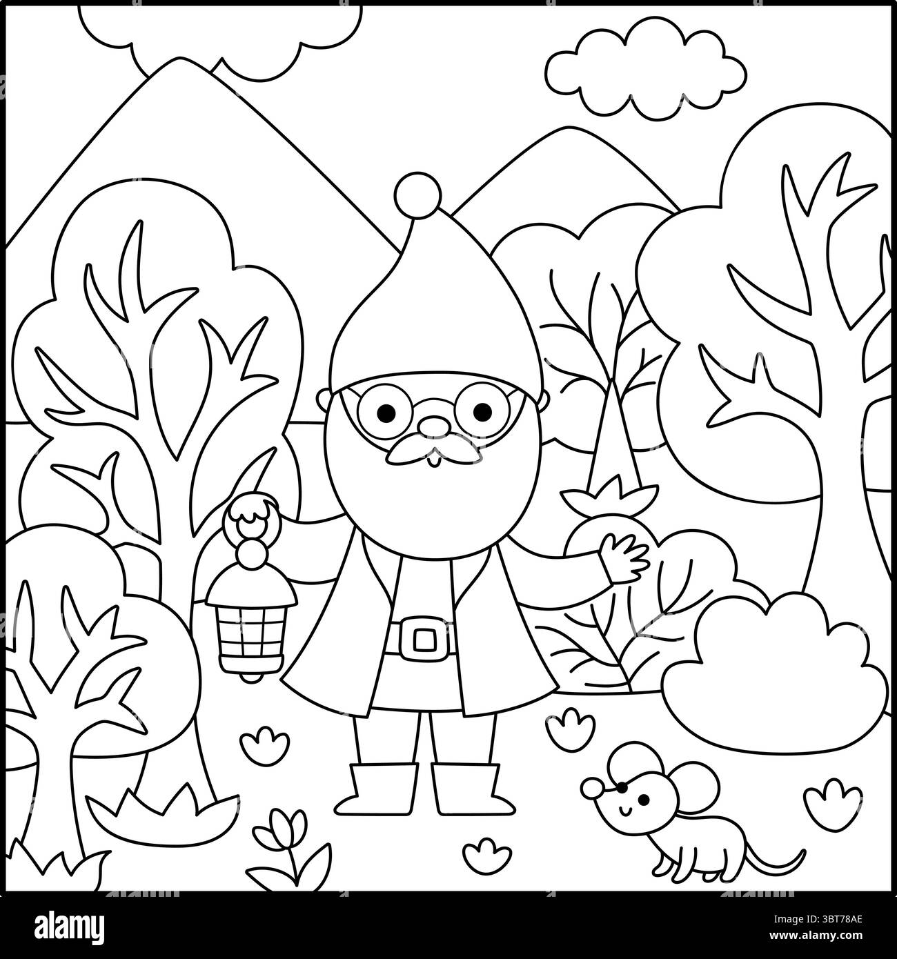 Scena quadrata in bianco e nero vettoriale con vecchia nana con lanterna in piedi tra gli alberi. Allinea il paesaggio con un minatore, un lavoratore, un boscaiolo. Bosco, f Illustrazione Vettoriale