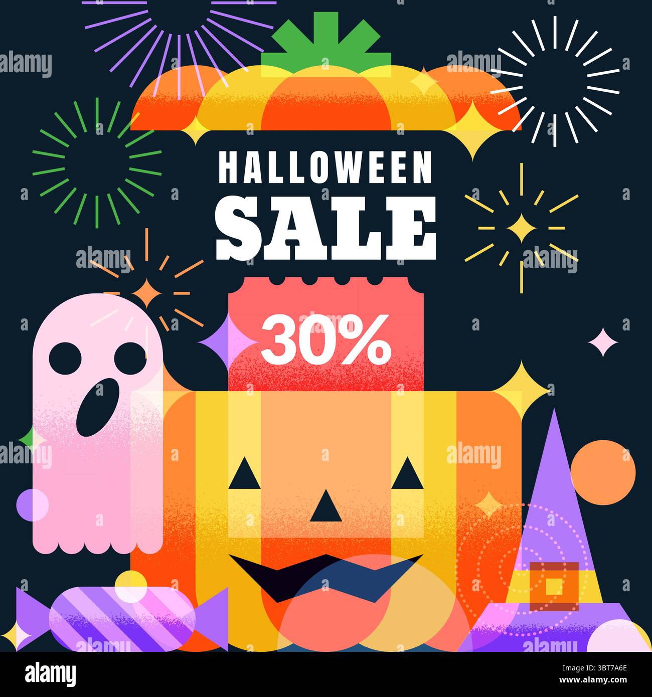 Modello banner per gli sconti di Halloween. Illustrazione vettoriale moderna di scatola di zucca aperta, fantasma, caramelle, cappello da strega e fuochi d'artificio. Elementi di design per di stagionale Illustrazione Vettoriale