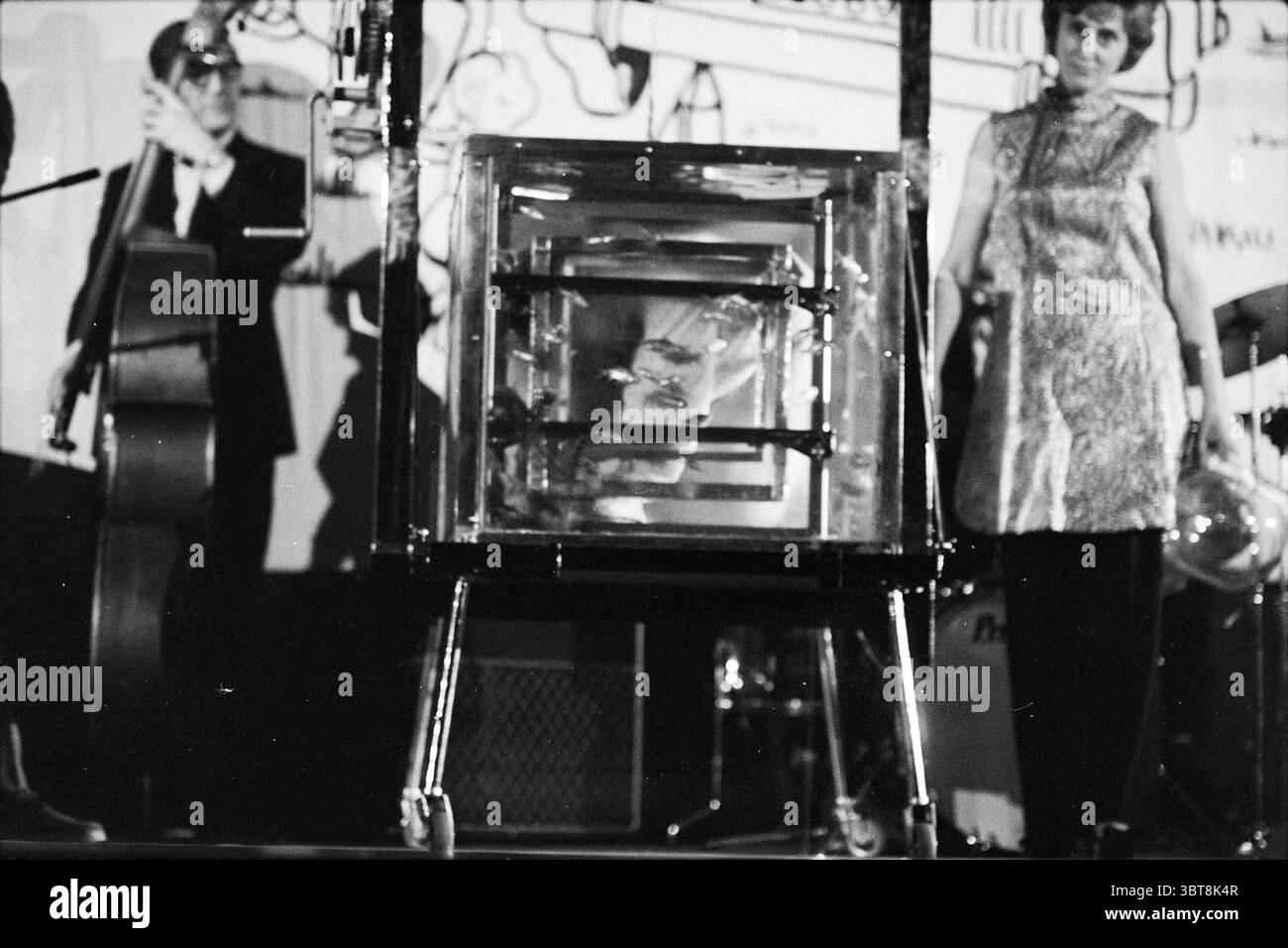 Esibizione contorsionista contorsionista con musica dal vivo., Whizgle News, Dutch Desk, Paesi Bassi, 1950 - 2000. Questi sono gli elementi dell'immagine. In un luogo scarsamente illuminato, è allestito un palcoscenico per uno spettacolo accattivante. La scena cattura un momento pieno di attesa. All'avanguardia, un involucro trasparente simile a vetro si erge su una robusta cornice metallica, che incuriosisce lo spettatore con i suoi misteriosi contenuti. Da un lato, un musicista è visibile, vestito con un classico abito nero, trasuda un'aria di raffinatezza. Suona con attenzione un contrabbasso, la sua concentrazione si fonde con l'atmosfera ritmica di Foto Stock