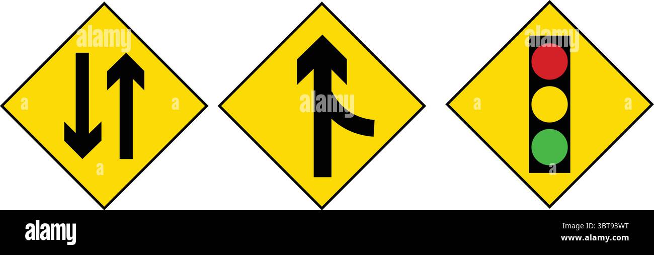 Set di cartelli gialli Diamond Road Vector - Two Way Traffic Merge Traffic Light Caution Signs for Highway and Street Safety Illustrazione Vettoriale