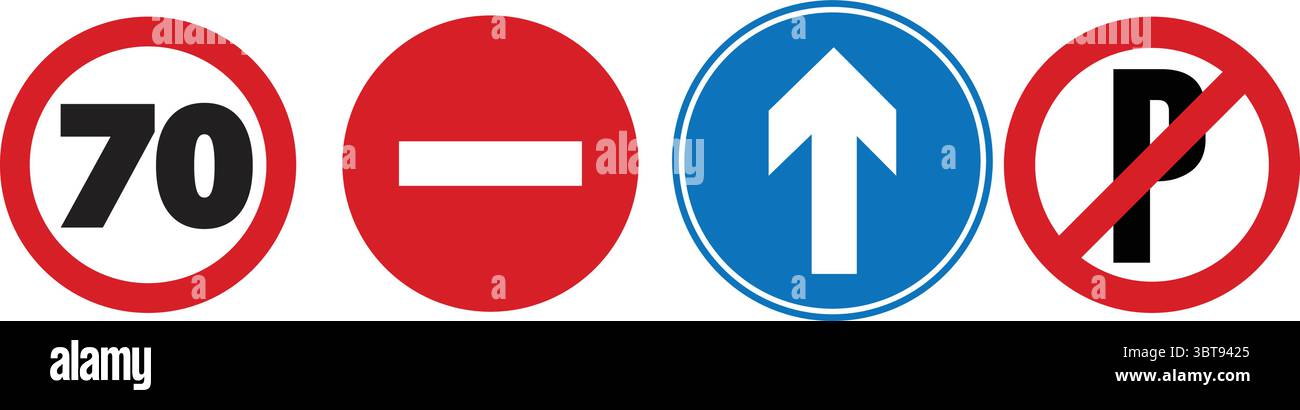 Set di segnali stradali — limite di velocità nessun parcheggio nessun ingresso e simboli di direzione per la sicurezza stradale e stradale Illustrazione Vettoriale