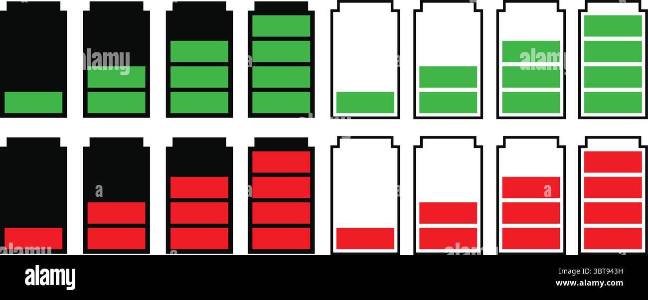Icona di stato del livello della batteria Set vettoriale - simboli dell'indicatore di carica e alimentazione per dispositivi mobili e progettazione dell'interfaccia utente tecnica Illustrazione Vettoriale