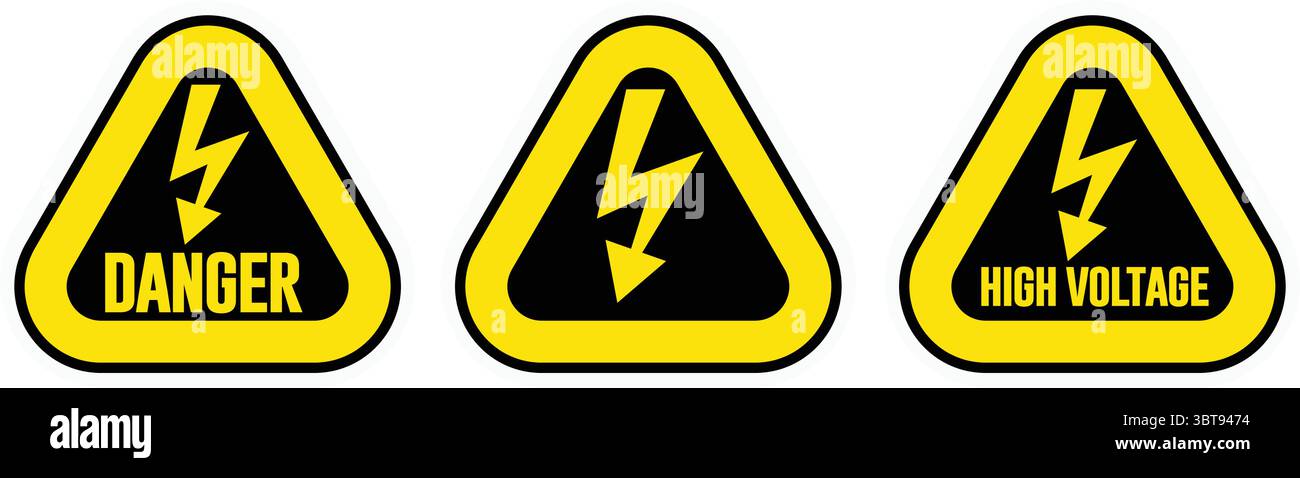 Set di segnali di pericolo triangolari e alta tensione - icone di sicurezza dei pericoli elettrici per l'uso industriale e sul luogo di lavoro Illustrazione Vettoriale