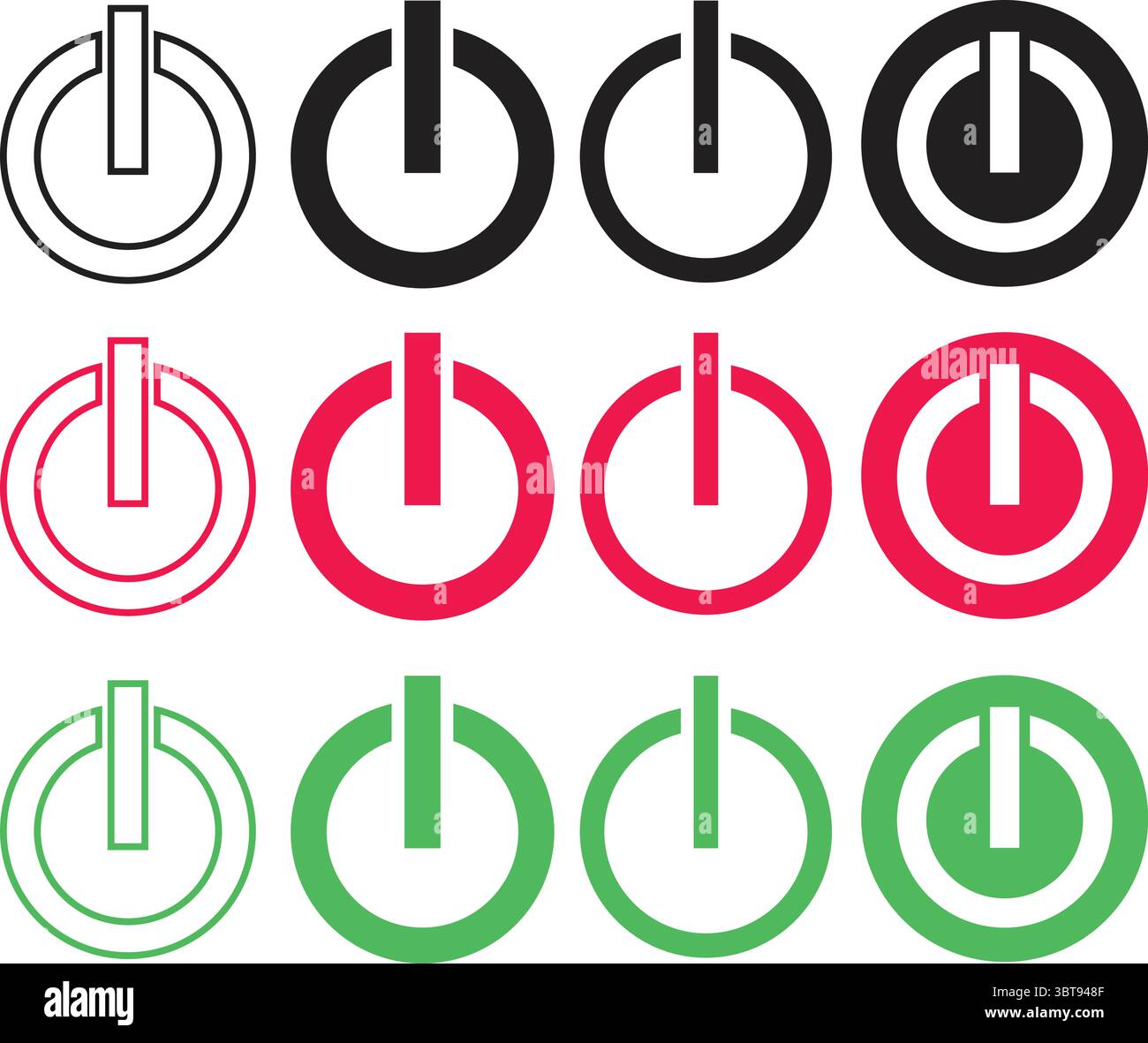 Set di icone del pulsante di accensione: Simboli dell'interruttore On Off per il controllo dell'energia e l'interfaccia utente del dispositivo Illustrazione Vettoriale