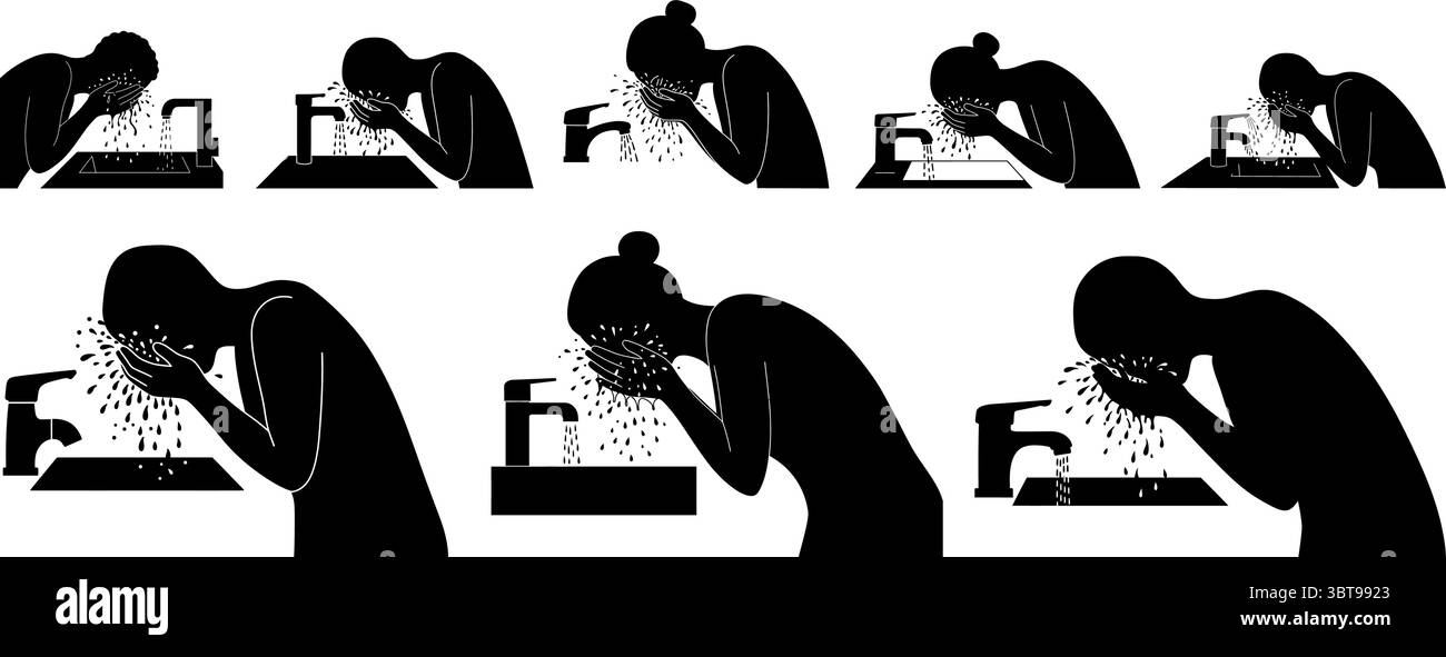 Set vettoriale silhouette per lavaggio viso donna per concetti di routine per la cura della pelle Illustrazione Vettoriale