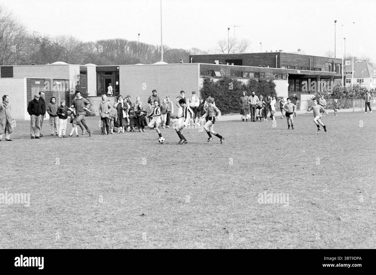 School football HFC Field School football, Whizgle News, Dutch Desk, Paesi Bassi, 1950 - 2000 on 26-03-1986. Questi sono gli argomenti nell'immagine. In un campo erboso, una scena si svolge durante una partita di calcio. Il gioco è al centro della scena, dove un giovane giocatore, con una maglia a strisce, manovra abilmente la palla con determinazione. I suoi compagni di squadra, anche in varie maglie, si trovano nelle vicinanze, anticipando con impazienza la loro prossima mossa. Intorno al campo si raduna una folla di spettatori, con alcuni spettatori seduti sull'erba e altri in piedi. Mostrano un mix di espressioni: Eccitazione, concentrazione, Foto Stock
