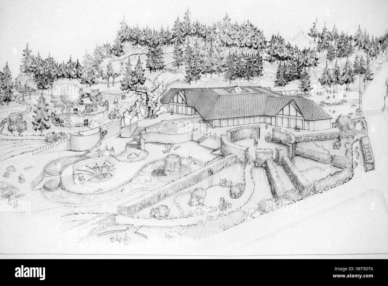 Il paradiso delle vacanze in Francia disegni, Whizgle News, Dutch Desk, Paesi Bassi, 1950 - 2000 il 17-01-1989. Questi sono gli argomenti nell'immagine. Nella scena, viene presentato un vasto paesaggio, caratterizzato da una struttura splendidamente progettata che si fonde armoniosamente con l'ambiente circostante. L'edificio ha uno stile architettonico moderno con un mix di elementi angolari e curvi, completato da un tetto inclinato che si estende verso l'esterno. L'esterno e' prevalentemente una tavolozza di sfumature terrose, che si armonizza con il verde lussureggiante degli alberi e degli arbusti circostanti. Intorno al Foto Stock