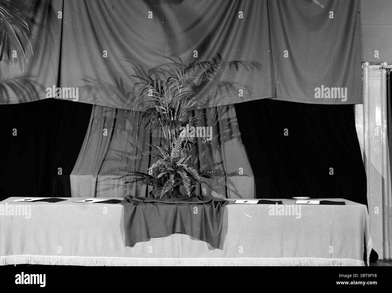 Tavolo con registri di condoglianze in grande sala., Whizgle News, Dutch Desk, Paesi Bassi, 1950 - 2000. L'immagine include questi argomenti. La scena presenta un ambiente simile a quello di un palcoscenico, caratterizzato da una disposizione di tessuti a strati in tonalità ricche. Lo sfondo presenta drappi scuri, che fondono sfumature di nero intenso e alcune tonalità attenuate, creando un contrasto drammatico contro un'area frontale più chiara. Il primo piano è costituito da un lungo tavolo che copre tutta la larghezza della scena, rivestito in un tessuto testurizzato che sembra mantenere un'atmosfera classica e formale. Al centro del tavolo si erge una lussureggiante pianta verde Foto Stock