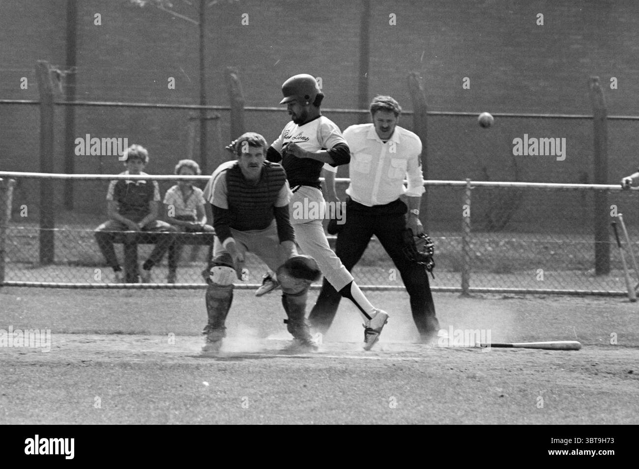 Terrasvogels-Black Lions Baseball Terrasvogels, Whizgle News, Dutch Desk, Paesi Bassi, 1950 - 2000 il 15-05-1982. L'immagine mostra questi argomenti. La scena cattura un momento dinamico su un campo da baseball, evocando un senso di azione e attesa. In primo piano, un battitore è a metà corsa, il suo corpo è posizionato in una posizione atletica, evidenziando l'intensità del gioco. Indossa una maglia aderente e un casco, che suggeriscono protezione e prontezza. Dietro di lui, il ricevitore è accovacciato con la sua attrezzatura, protezione del torace e maschera, indicando un comportamento concentrato e vigile mentre si prepara al gioco Foto Stock
