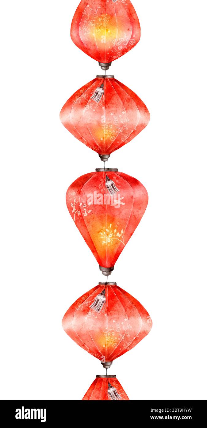 Bordo verticale ad acquerello con lanterne rosse cinesi appese in forma tradizionale. Perfetto per banner natalizi, divisori di siti Web e inviti a scorrimento Foto Stock