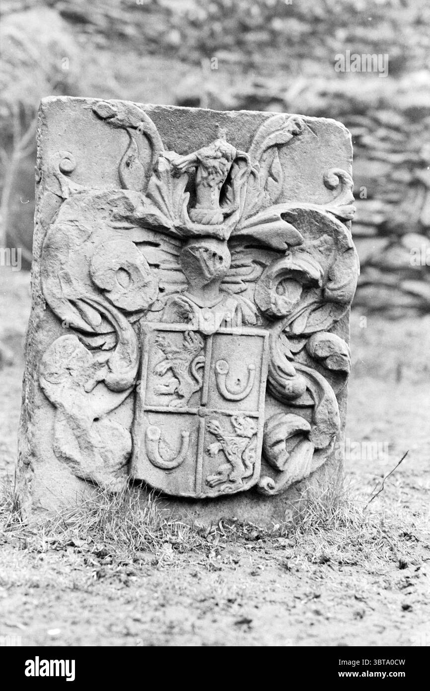 Ecc. ecc.. Vianden Luxembourg Luxembourg Reportage Turismo Vianden Luxemburg, Whizgle News, Dutch Desk, Paesi Bassi, 1950 - 2000 il 11-03-1981. L'immagine include questi argomenti. La scena presenta un rilievo in pietra ben esposto, che mostra uno stemma intricatamente intagliato. Il rilievo è strutturato e resistente agli agenti atmosferici, rivelando una miscela di colori naturali della pietra che vanno dai grigi tenui ai marroni terrosi. Lo stemma è composto da uno scudo centrale diviso in quattro sezioni, ciascuna con simboli distinti, che possono rappresentare varie famiglie o regioni. Intorno allo shiel Foto Stock