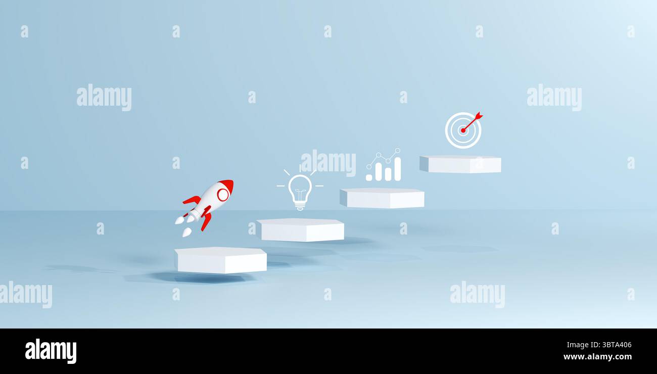 Rocket si lancia da una scala esagonale all'altra, rappresentando il concetto, la crescita e gli obiettivi, simboleggiando il successo delle startup, sviluppo aziendale, p. strategico Foto Stock