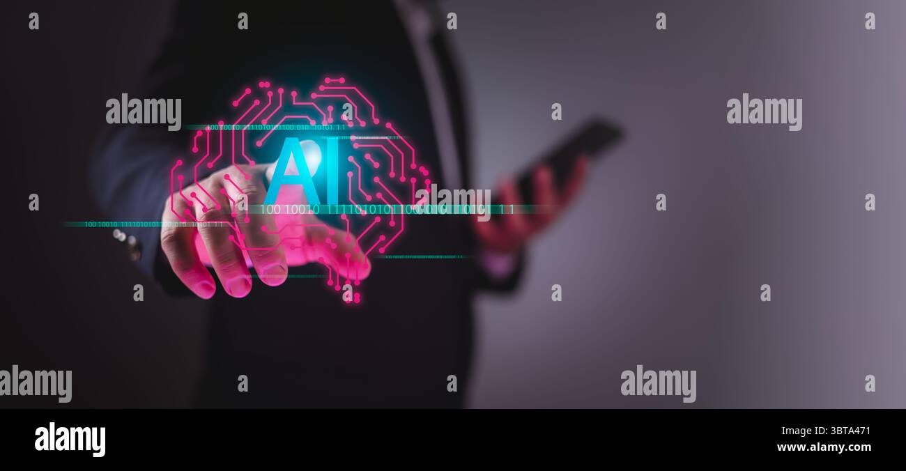 Uomo d'affari che utilizza l'interfaccia cerebrale virtuale per controllare la tecnologia di intelligenza artificiale, simboleggiando l'innovazione, l'intelligenza artificiale etica, la sicurezza dei dati e il respon Foto Stock