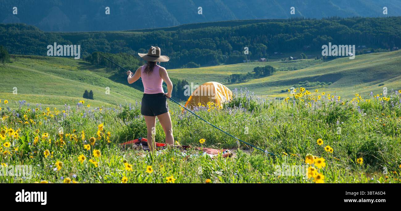 Una giovane donna single gode della vista mentre si mette la sua tenda sopra Crested Butte, Colorado. Foto Stock