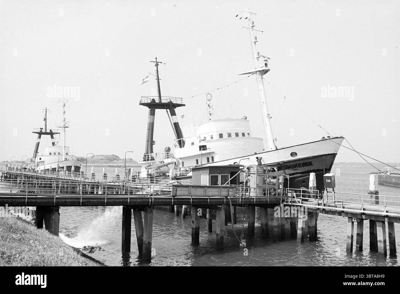Ha venduto rimorchiatori da Wijsmuller Boats Wijsmuller, Whizgle News, Dutch Desk, Paesi Bassi, 1950 - 2000 il 11-05-1981. Questi argomenti vengono visualizzati nell'immagine. La scena cattura un tranquillo ambiente marino caratterizzato da un tranquillo porto pieno di barche. Due navi, con i loro scafi bianchi e grigi, sono ancorate lungo un molo di legno. Le barche appaiono robuste, dotate di alberi e vari strumenti di navigazione, suggerendo il loro scopo e la loro disponibilità per i viaggi in mare. L'infrastruttura circostante include una serie di piloni che supportano il molo, aggiungendo un tocco industriale ai terreni naturali Foto Stock
