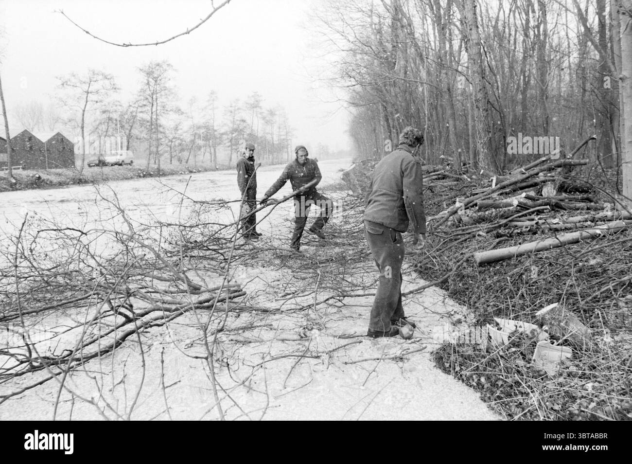 Trimming Trees on the Leidsevaart Trees, Whizgle News, Dutch Desk, Paesi Bassi, 1950 - 2000 on 20-02-1986. Questi sono gli argomenti nell'immagine. La scena raffigura un paesaggio invernale caratterizzato da cieli ricoperti, creando un tono di grigio e silenzioso. Una fitta cortina di neve che cade riempie l'aria, contribuendo all'atmosfera fredda. In primo piano, tre persone sono attivamente impegnate a spianare un percorso. Sono vestiti con abiti caldi e a strati adatti al freddo, con giacche e cappelli che forniscono protezione contro gli agenti atmosferici. Intorno a loro ci sono rami sparsi e deb Foto Stock