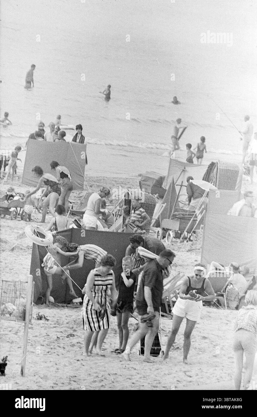 Folle sulla spiaggia; bagnanti, Whizgle News, Dutch Desk, Paesi Bassi, 1950 - 2000 il 04-07-1966. L'immagine contiene questi argomenti. La scena è una spiaggia vivace, piena di gente che si gode una giornata di sole sull'acqua. Il litorale sabbioso si estende ampiamente, punteggiato di ombrelloni e asciugamani colorati dove famiglie e amici si riuniscono. Vari amanti del mare indossano un assortimento di costumi da bagno, dai classici disegni a righe agli stili più semplici, con un mix di motivi e colori che evocano un senso di nostalgia. In primo piano, gruppi di persone sono impegnati in attività come Foto Stock
