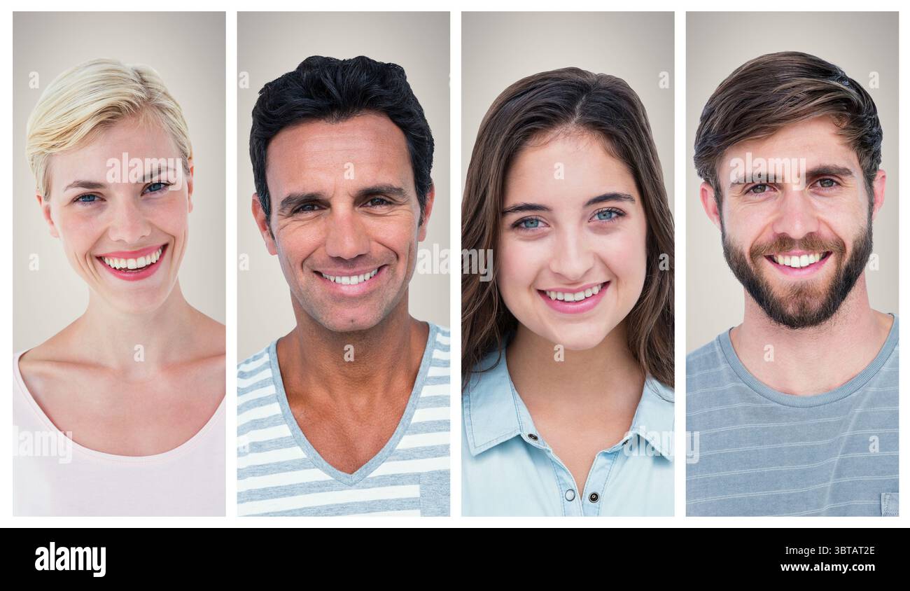 Quattro ritratti sorridenti con la testa appaiono fianco a fianco in uno sfondo grigio chiaro dal design piatto Foto Stock
