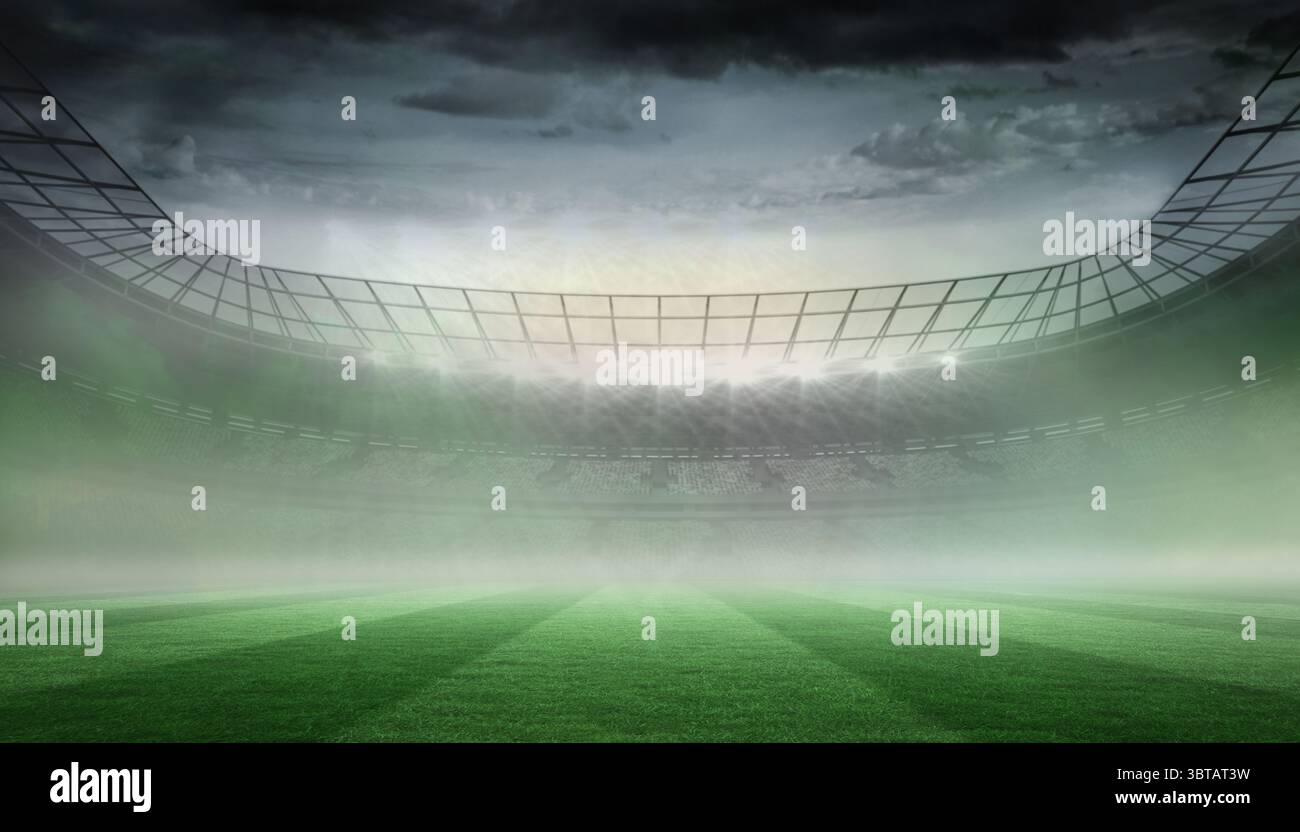 Lo stadio vuoto viene mostrato in stile piatto, campo a righe, tetto curvo, proiettori e cielo nebbioso Foto Stock