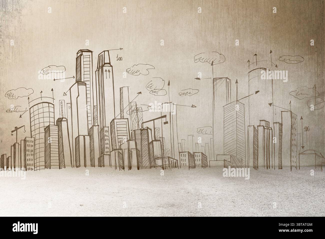 Lo schizzo a matita disegnato a mano mostra i contorni del grattacielo con frecce e forme di nuvole sulla pergamena Foto Stock