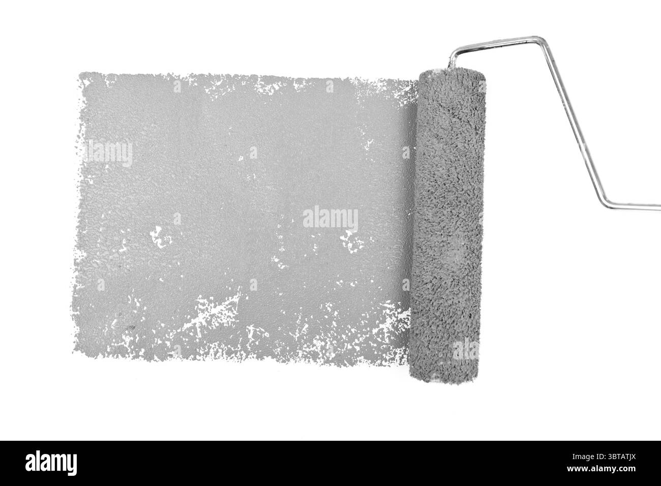 Vernice grigia con rullo su sfondo bianco Foto Stock