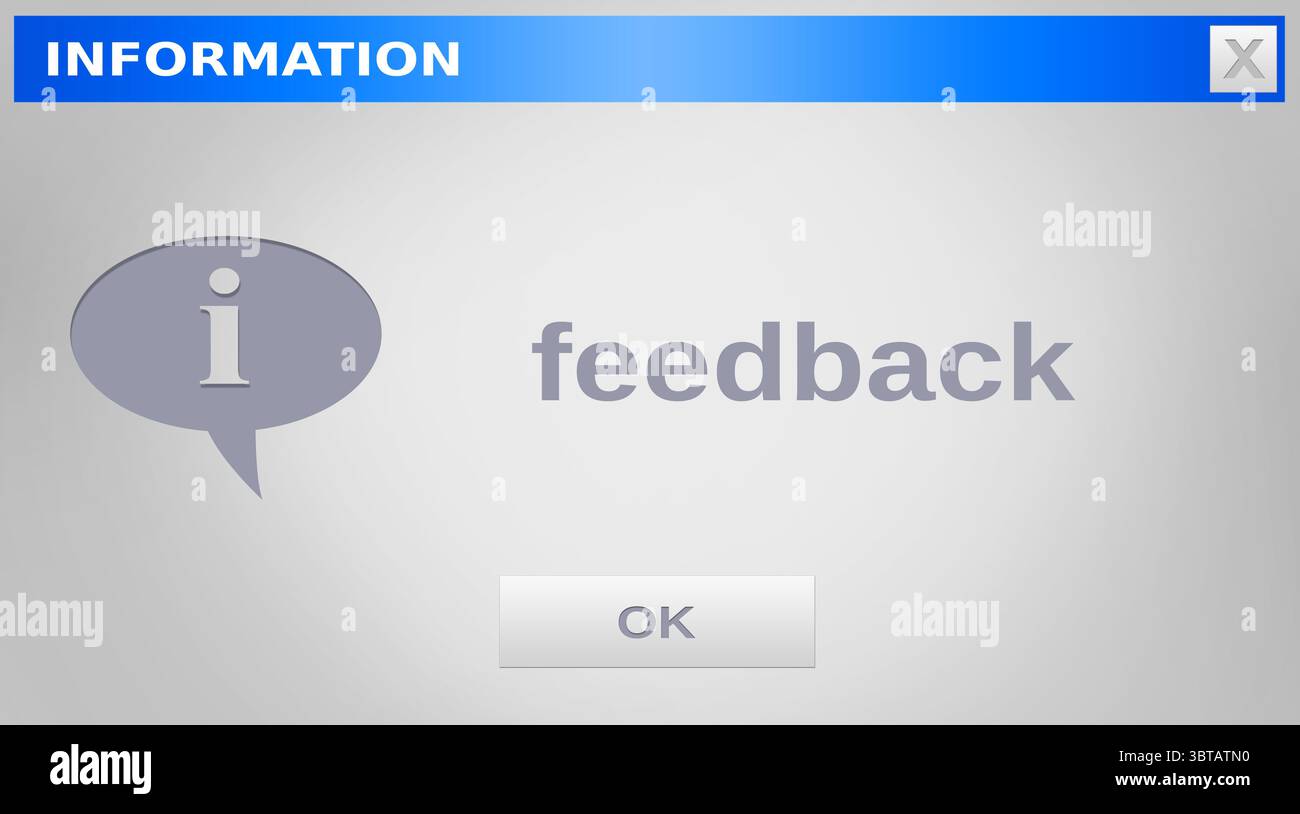 La finestra di dialogo delle informazioni mostra il feedback del design piatto su sfondo grigio con l'icona delle informazioni, OK, X icone Foto Stock