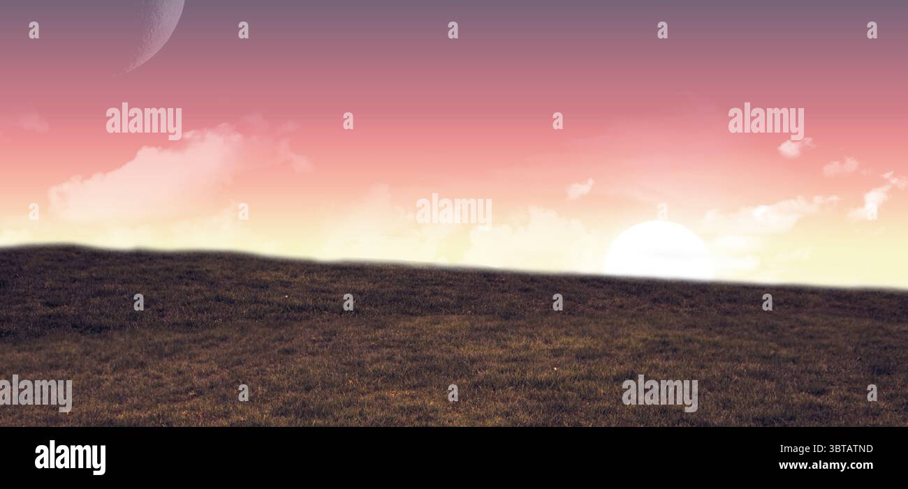 La collina erbosa si estende in un design piatto con cielo in pendenza che mostra il disco solare e la sfera lunare Foto Stock