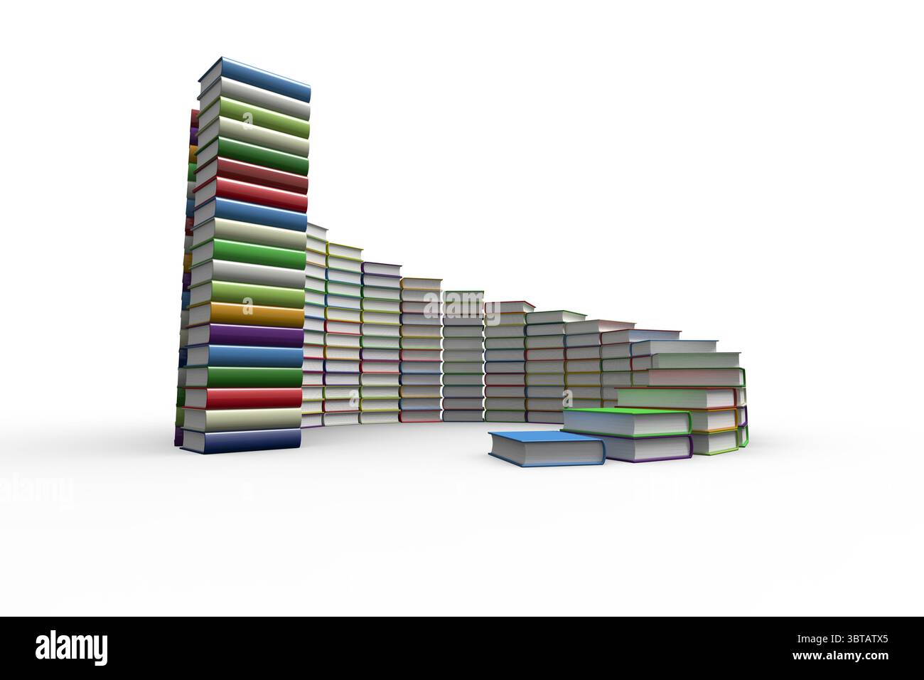 I libri con copertina rigida colorata formano pile decrescenti in un design piatto su sfondo bianco riflettente Foto Stock