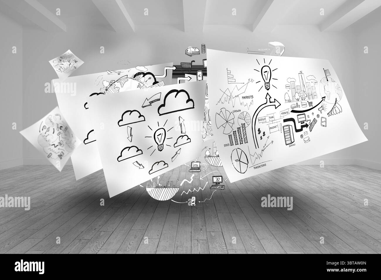 Fogli con grafica in sala luminosa Foto Stock