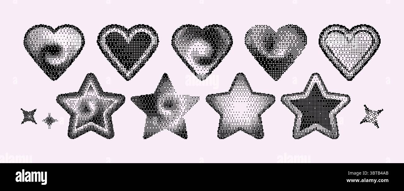 Cuori e stelle pixel art con effetti gradiente mezzitoni composti da punti neri. Collezione di grafica di gioco retrò con varie texture di punti sparsi per elementi di design digitale vintage y2k. Illustrazione Vettoriale
