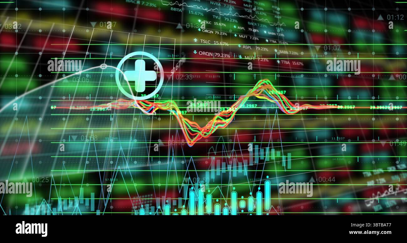 Mostra l'icona circolare più sulla griglia dei dati sul dashboard di trading, con barre a candela e grafici a linee Foto Stock