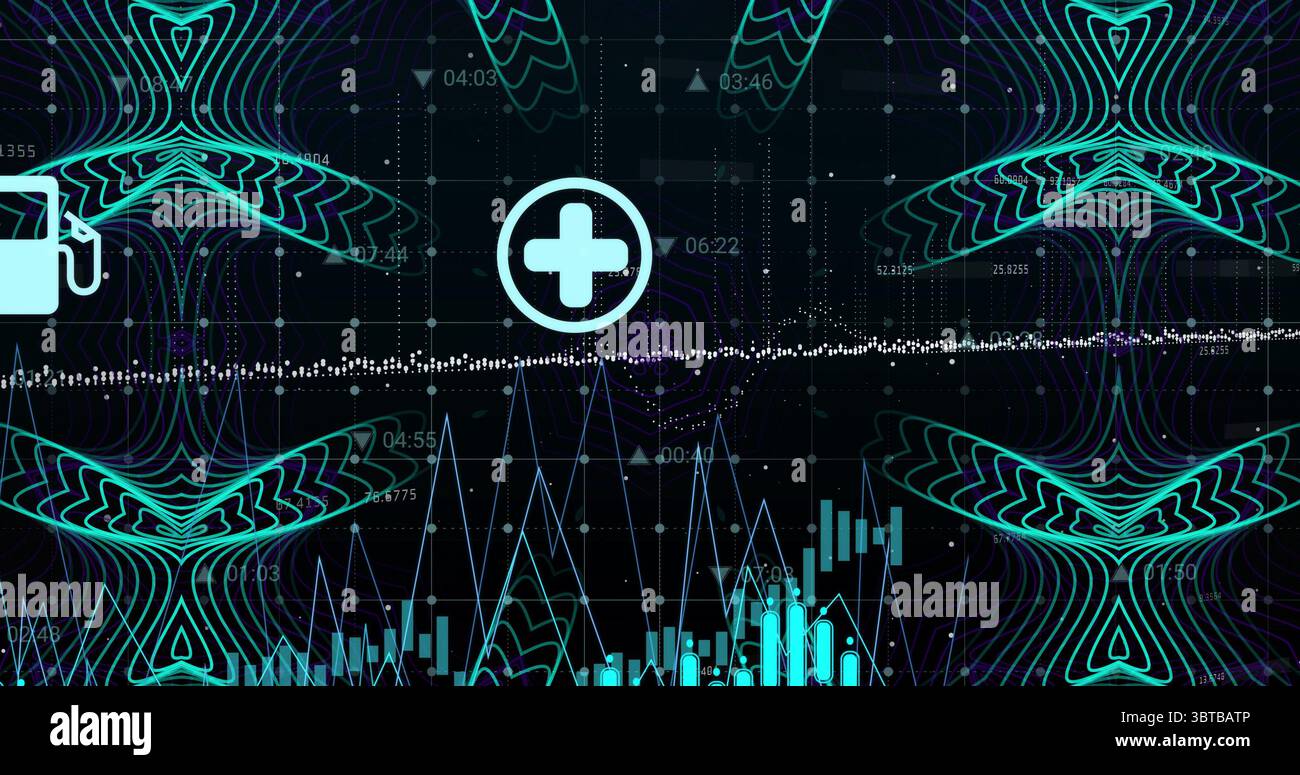 Mostra l'icona più centrale sul cruscotto con tracce tratteggiate, forme d'onda, grafici a barre e indicatori orari Foto Stock
