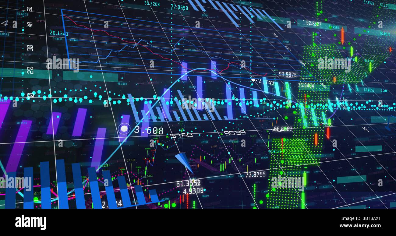 Visualizzazione dei dati di mercato sul dashboard, con grafici al neon, candele, sovrapposizione mappe ed etichette numeriche Foto Stock