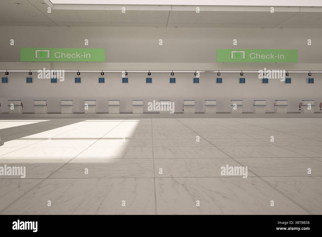Le illustrazioni dal design piatto presentano banchi di check-in in aeroporto continui con cartellonistica verde Foto Stock