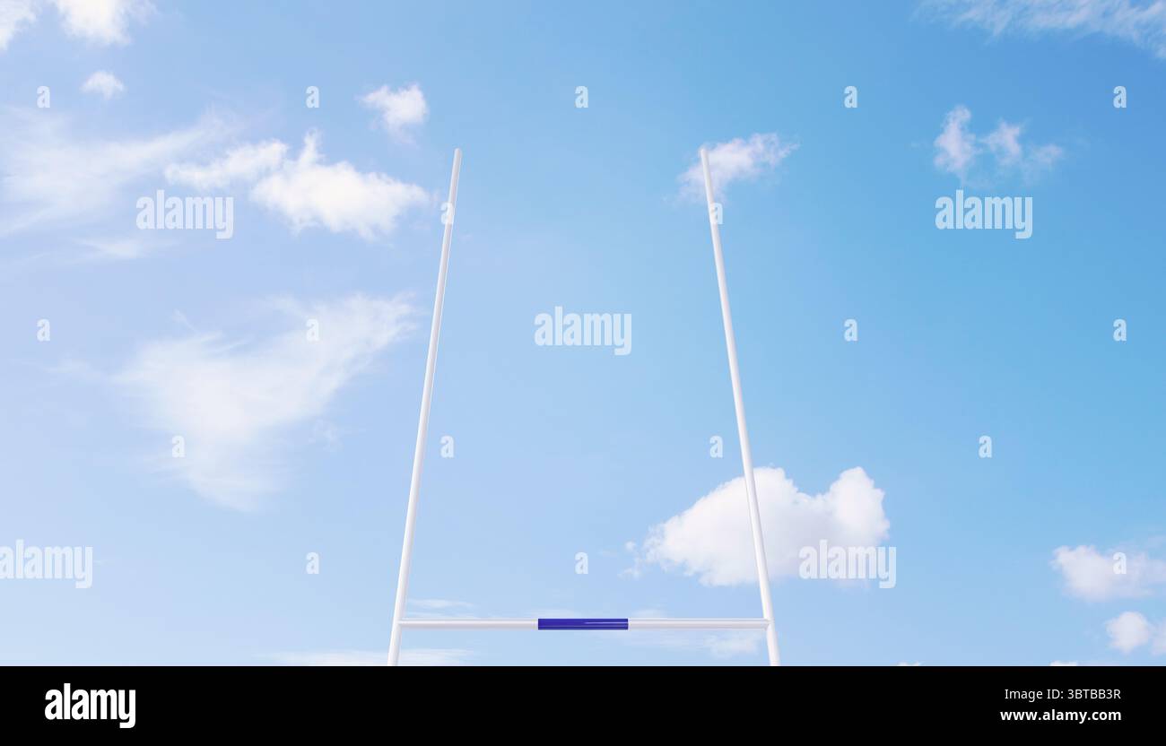 I pali di porta bianchi sono posizionati contro un cielo blu brillante in un'illustrazione piatta, con un piccolo contrassegno blu Foto Stock
