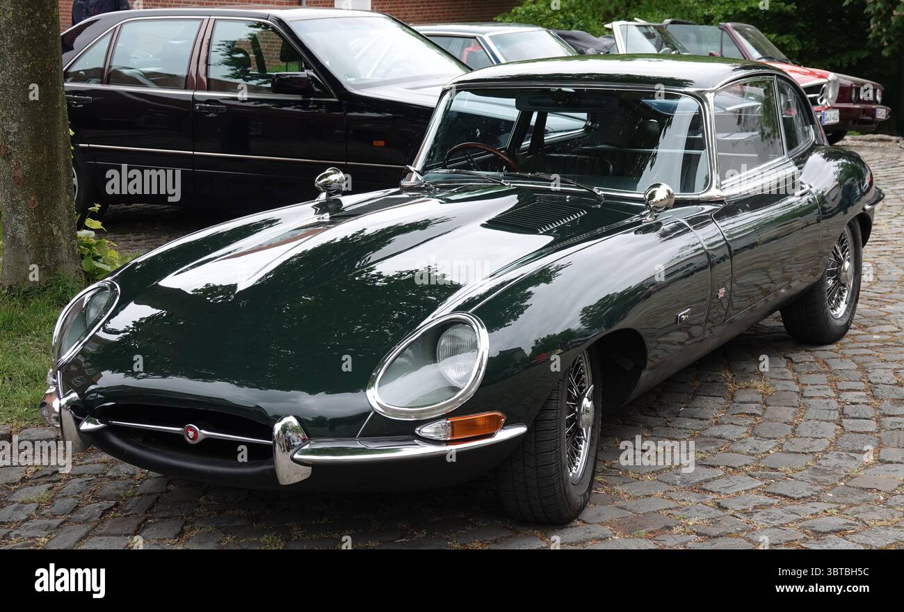 Bad Bentheim, Germania - 4 maggio 2025 la parte anteriore di una Jaguar e-TYPE verde scuro dal 1969. E' parcheggiato tra altri vecchi tempi Foto Stock